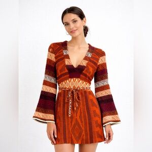 Free People Boho Knit Sweater Patchwork Dress Sm Orange Alpaca Blend Bell Sleeve